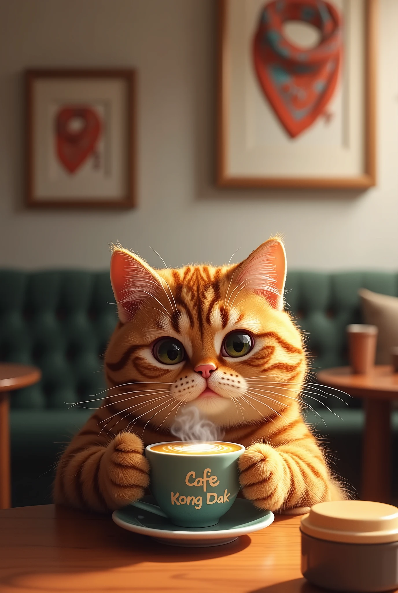 A Scottish Fold cat drinks coffee in a cozy cafe. The cat has tiger-patterned fur. Make the word "cafe Kong dak" on the coffee cup. Make sure the coffee is steaming hot. Make me a cute cat girl. The interior decoration is made up of framed Hermes scarf designs on white walls. realistic. 20mm lens. 