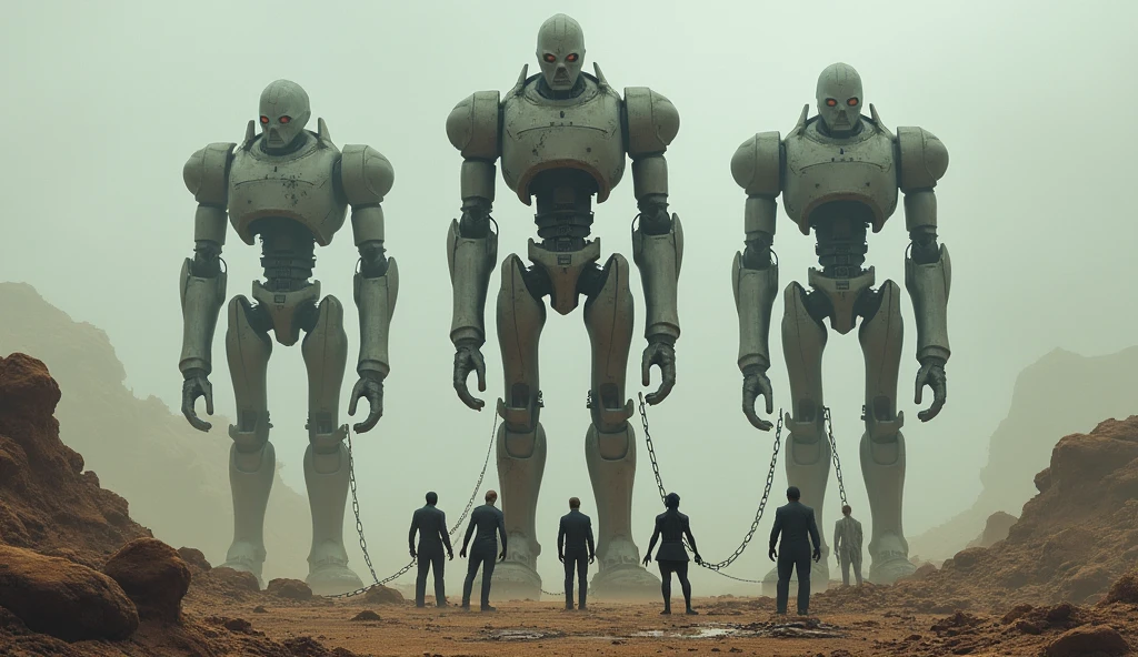 AI human size robots, destroyed earth and holding chains of their human slaves like pets, zoom and clear picture