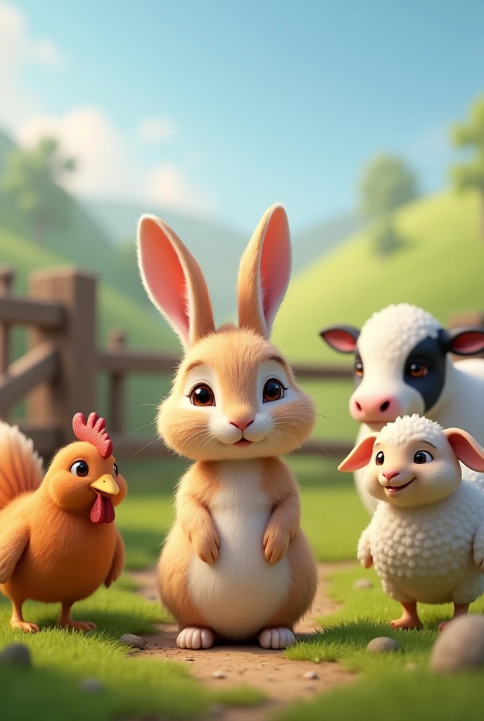 A rabbit respecting the farm animals