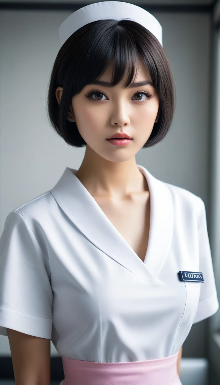 8k, Ultra-high resolution, Highest quality, masterpiece, 三分割法によるphotograph,Surreal, photograph, 1 , (:1.3), cute, cute顔, 細部までBeautiful Eyes, 細かくdetailedに,masterpiece,One Girl:1.2,Japanese women,nurse,upper body,glaring,Black short hair,Bowl cut,ID photo,((Fusion of humans and androids)),(Nurse uniform of the future:1.3),cyber punk,Eccentric,Medical Treatment Room,white collar,(Beautiful attention to detail),Subtle details, detailedな顔,anger,Attractive eyes,(ポートレートphotograph:1.4),(Photorealistic images:1.4),Fantasy art,(Beautiful Face:1.4),美しくAttractive eyes、Beautiful Eyes,Silver residue,(Tight waist:1.4)、(Beautiful with perfect body proportions:1.4),Pink Lips,profile,(((Ideal body type))),A-cup small breasts :2,、Portraiture:2、Perfect Anatomy、鮮明なdetailed、detailed,Fashion magazine cover,Thin lips,完璧でBeautiful Face ,完璧でcute顔, Skin with attention to detail, Perfect limbs、Narrow waist,Surreal,Light and shadow,spotlight