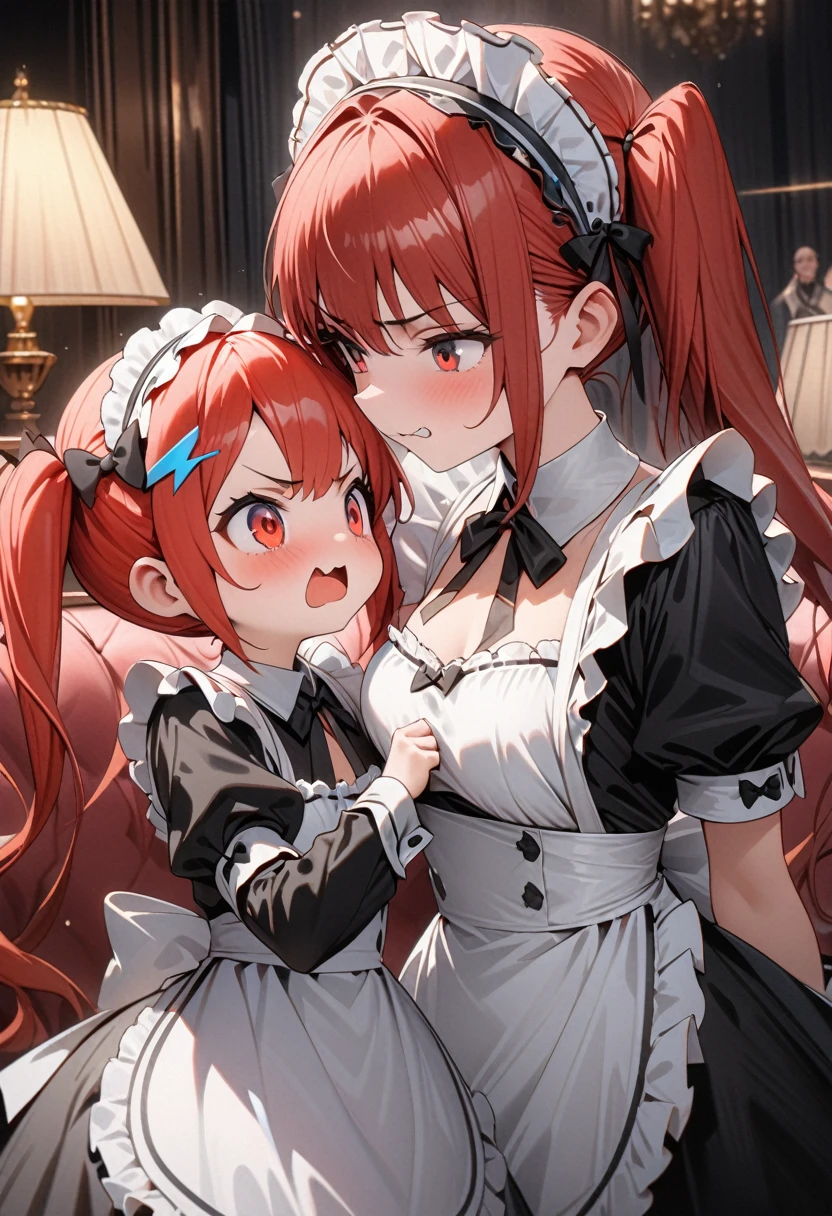 A cute maid-like girl and a cute mini character are arguing with each other in front of a sofa in a luxurious mansion.、Both of them have red hair in twin tails.、Cute red eyes、Wearing a robot-like barrette。Cute maid hair accessory、She is wearing a gorgeous maid outfit with cute frills.。The two of them stand facing each other in front of the sofa、Both of them have cute angry faces、A blue lightning bolt is running between their eyes、Accurate anatomical depiction of the human body、High quality, high precision images、Masterpiece、Best Quality、4K、8k、Ultra Detail、Ultra-fine painting、Cinema Lighting、Vivid Color、