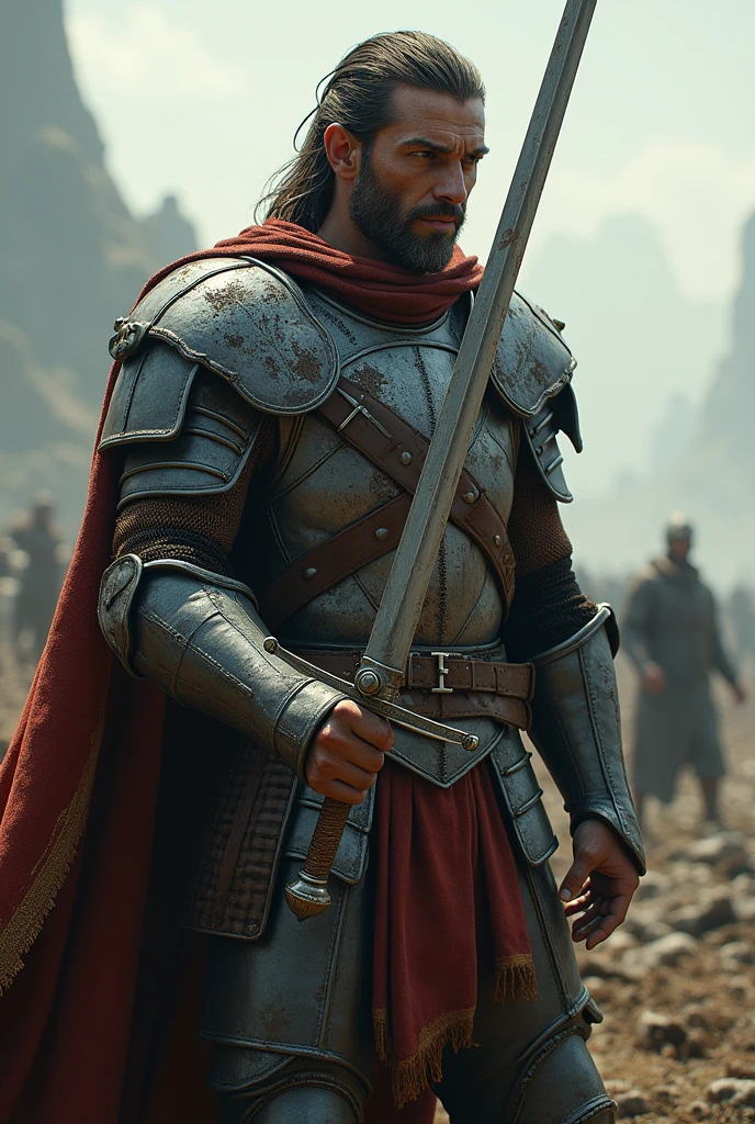 Leon Rising After the Battle: Leon, exhausted but determined, rising after the battle. His armor is damaged, but he still holds his sword tightly. The surrounding battlefield is silent, with few survivors, as Leon looks towards the horizon, ready for the next battle. The atmosphere is one of tension and anticipation. "hyper realistic"