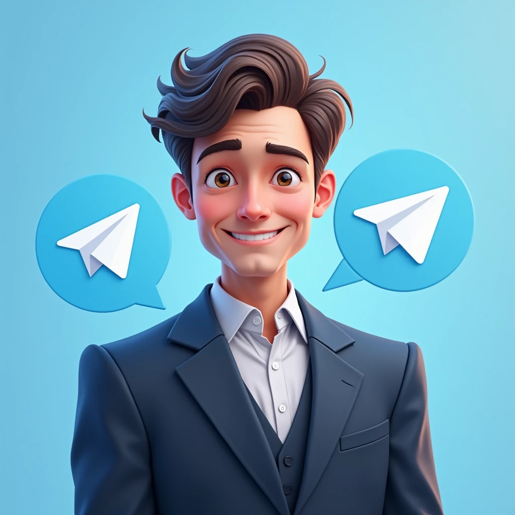 Povel durov , Telegram ceo , cute , suit , cute , very cute , telegram logo , light blue background 