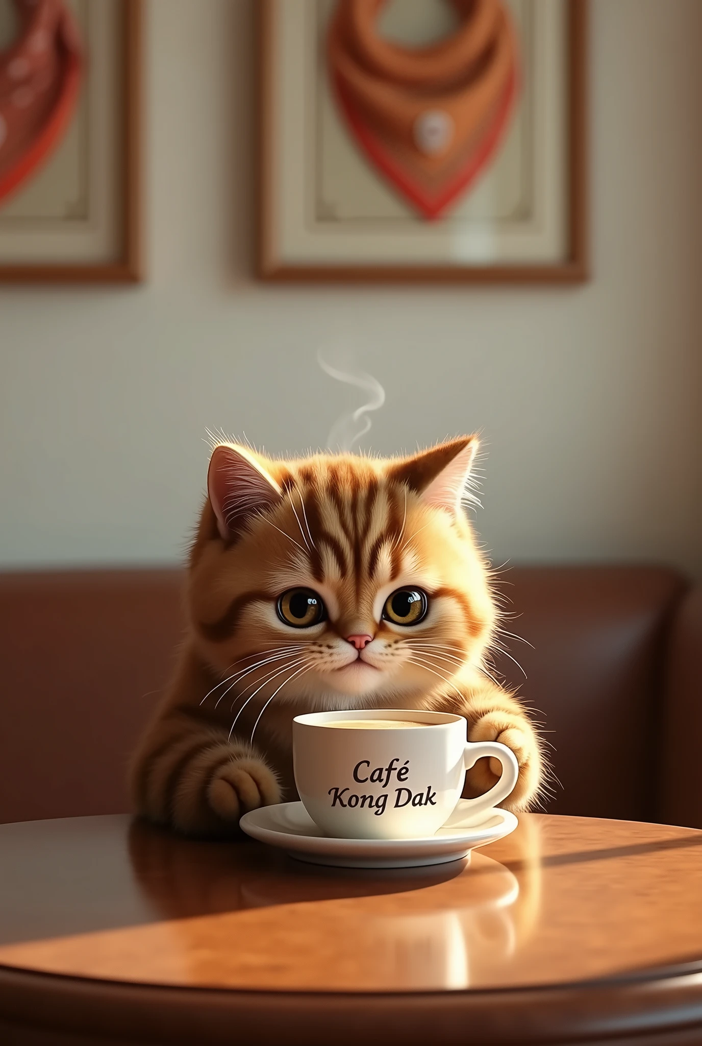 A Scottish Fold cat drinks coffee in a cozy cafe. The cat has tiger-patterned fur. Make the word "cafe Kong dak" on the coffee cup. Make sure the coffee is steaming hot. Make me a cute cat girl. The interior decoration is made up of framed Hermes scarf designs on white walls. realistic. 20mm lens.