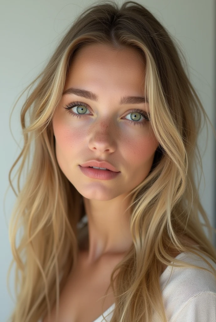Visage de jolie fille, yeux verts, blonde, origine suédoise, cheveux long, visage carré avec une mâchoire un peu prononcée, seule, ne portant rien, visage tournée vers la caméra, regard vers la caméra, visage dégagé