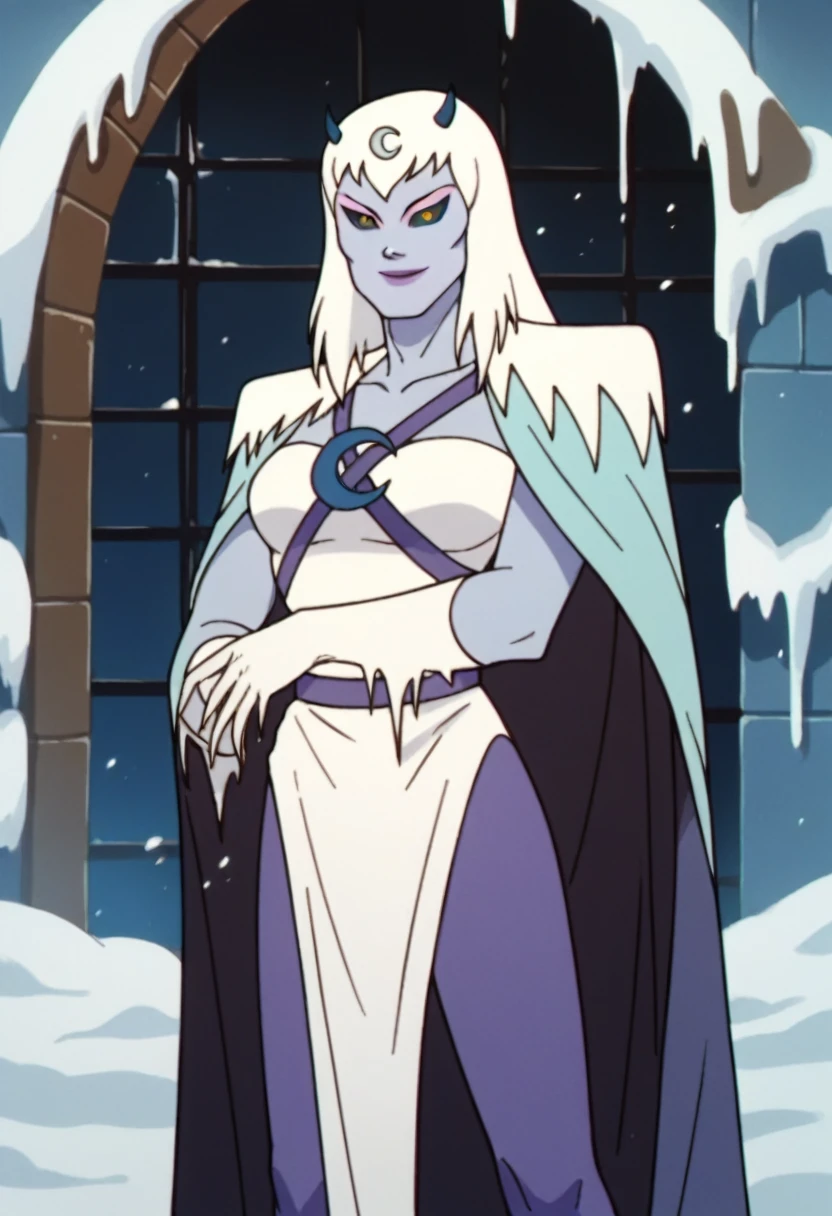 score_9, score_8_up, score_7_up, score_6_up, score_5_up, score_4_up, chilla, thundercats, icicles, standing, cape, smile, colored skin, white hair, long hair, solo, black sclera, yellow eyes, score_9, source_anime, room, window, snow outside
