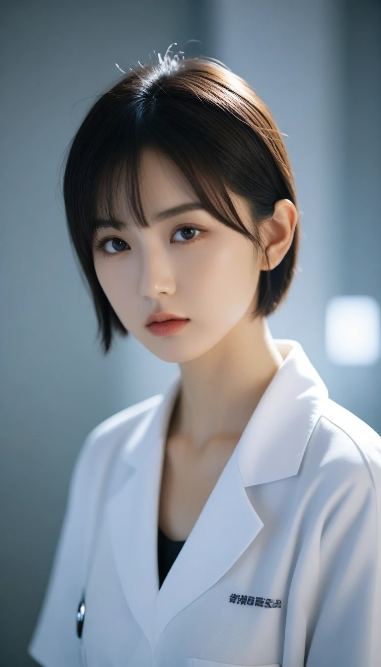 8k, Ultra-high resolution, Highest quality, masterpiece, 三分割法によるphotograph,Surreal, photograph, 1 , (:1.3), cute, cute顔, 細部までBeautiful Eyes, 細かくdetailedに,masterpiece,One Girl:1.2,Japanese women,nurse,upper body,glaring,Black short hair,Bowl cut,ID photo,((Fusion of humans and androids)),(Nurse uniform of the future:1.3),cyber punk,Eccentric,Medical Treatment Room,white collar,(Beautiful attention to detail),Subtle details, detailedな顔,anger,Attractive eyes,(ポートレートphotograph:1.4),(Photorealistic images:1.4),Fantasy art,(Beautiful Face:1.4),美しくAttractive eyes、Beautiful Eyes,Silver residue,(Tight waist:1.4)、(Beautiful with perfect body proportions:1.4),Pink Lips,profile,(((Ideal body type))),A-cup small breasts :2,、Portraiture:2、Perfect Anatomy、鮮明なdetailed、detailed,Fashion magazine cover,Thin lips,完璧でBeautiful Face ,完璧でcute顔, Skin with attention to detail, Perfect limbs、Narrow waist,Surreal,Light and shadow,spotlight