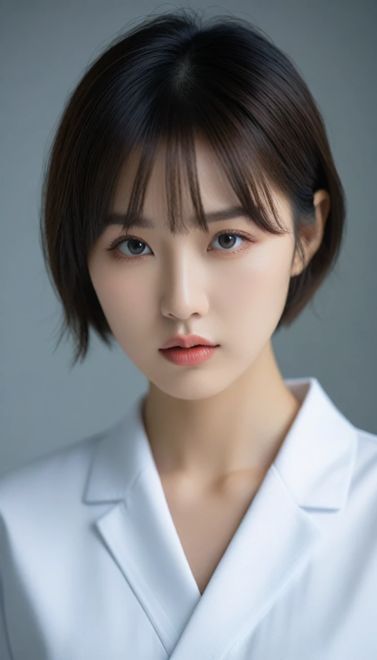 8k, Ultra-high resolution, Highest quality, masterpiece, 三分割法によるphotograph,Surreal, photograph, 1 , (:1.3), cute, cute顔, 細部までBeautiful Eyes, 細かくdetailedに,masterpiece,One Girl:1.2,Japanese women,nurse,upper body,glaring,Black short hair,Bowl cut,ID photo,((Fusion of humans and androids)),(Nurse uniform of the future:1.3),cyber punk,Eccentric,Medical Treatment Room,white collar,(Beautiful attention to detail),Subtle details, detailedな顔,anger,Attractive eyes,(ポートレートphotograph:1.4),(Photorealistic images:1.4),Fantasy art,(Beautiful Face:1.4),美しくAttractive eyes、Beautiful Eyes,Silver residue,(Tight waist:1.4)、(Beautiful with perfect body proportions:1.4),Pink Lips,profile,(((Ideal body type))),A-cup small breasts :2,、Portraiture:2、Perfect Anatomy、鮮明なdetailed、detailed,Fashion magazine cover,Thin lips,完璧でBeautiful Face ,完璧でcute顔, Skin with attention to detail, Perfect limbs、Narrow waist,Surreal,Light and shadow,spotlight