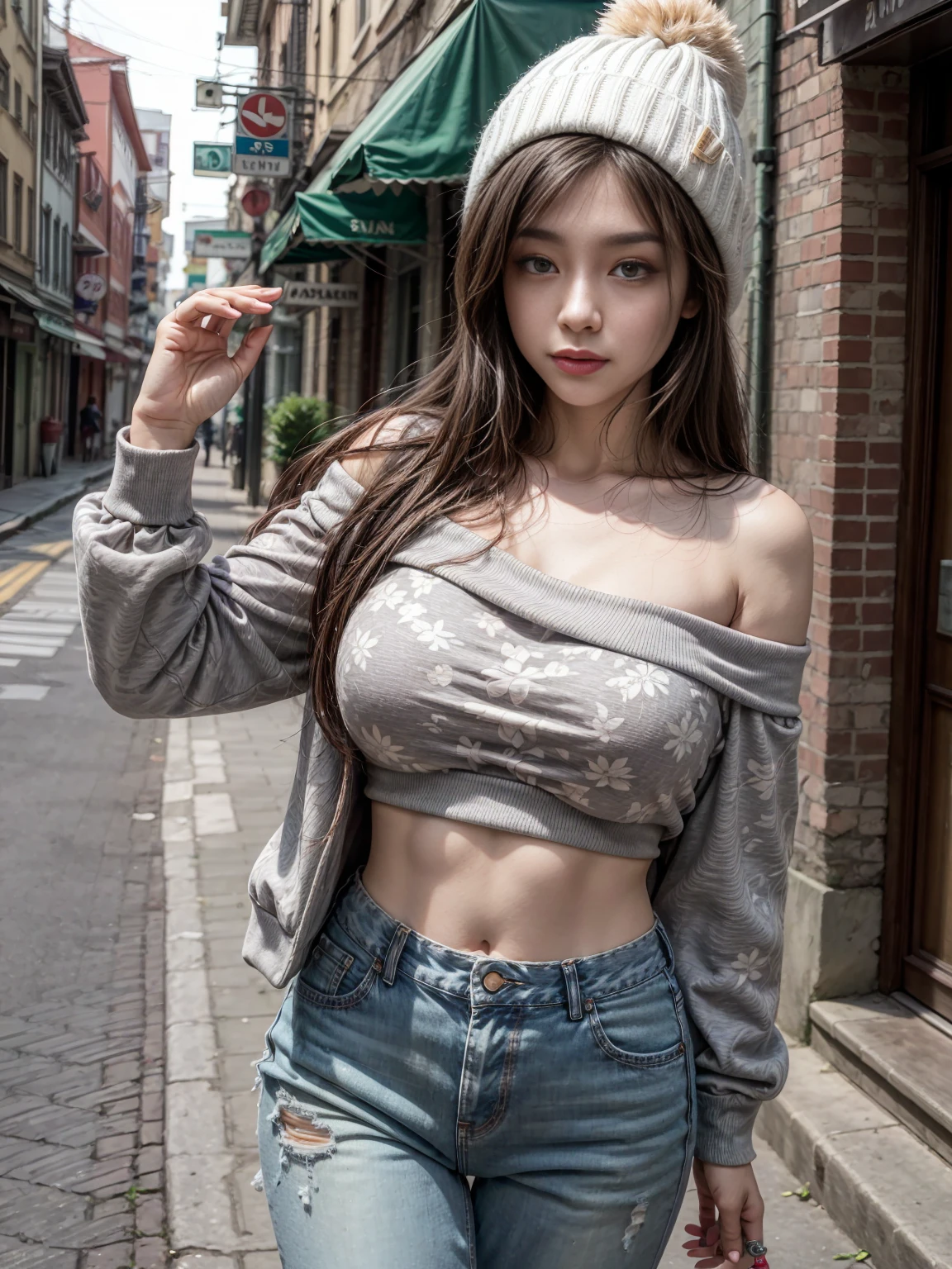 (best quality, masterpiece:1.2), perfect body, slim waist, huge breasts, off-shoulder printed sweatshirt, beanies, jeans, quiet alley, vibrant