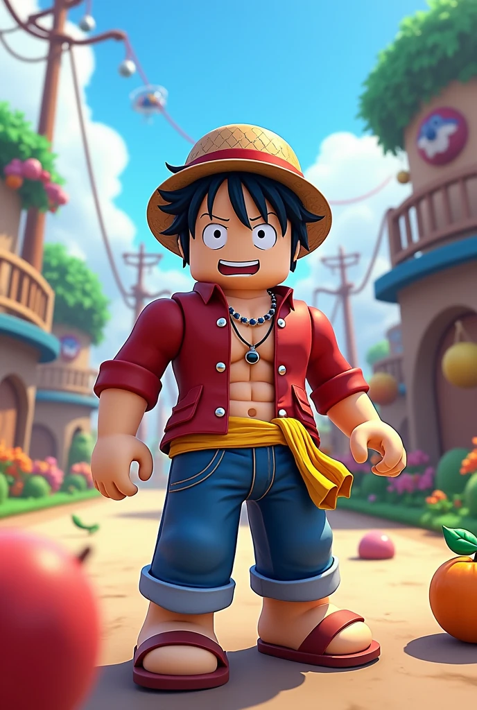 A roblox skin playing bloxfruits from roblox a game that is about the anime one piece