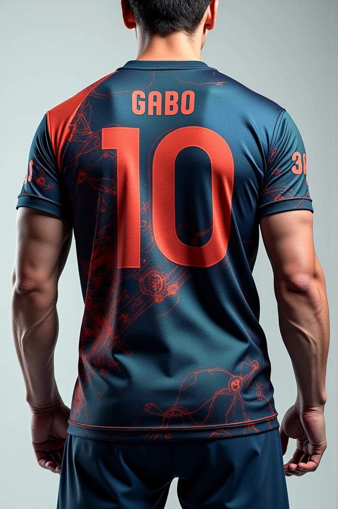 Hello, I would like you to give me styles of sports shirts but with these instructions, that on the front it has a nice design and on the back it has the name Gabo, Number 10 and at the bottom say: At. From Software with AI, give me the front and back, more than 10 images