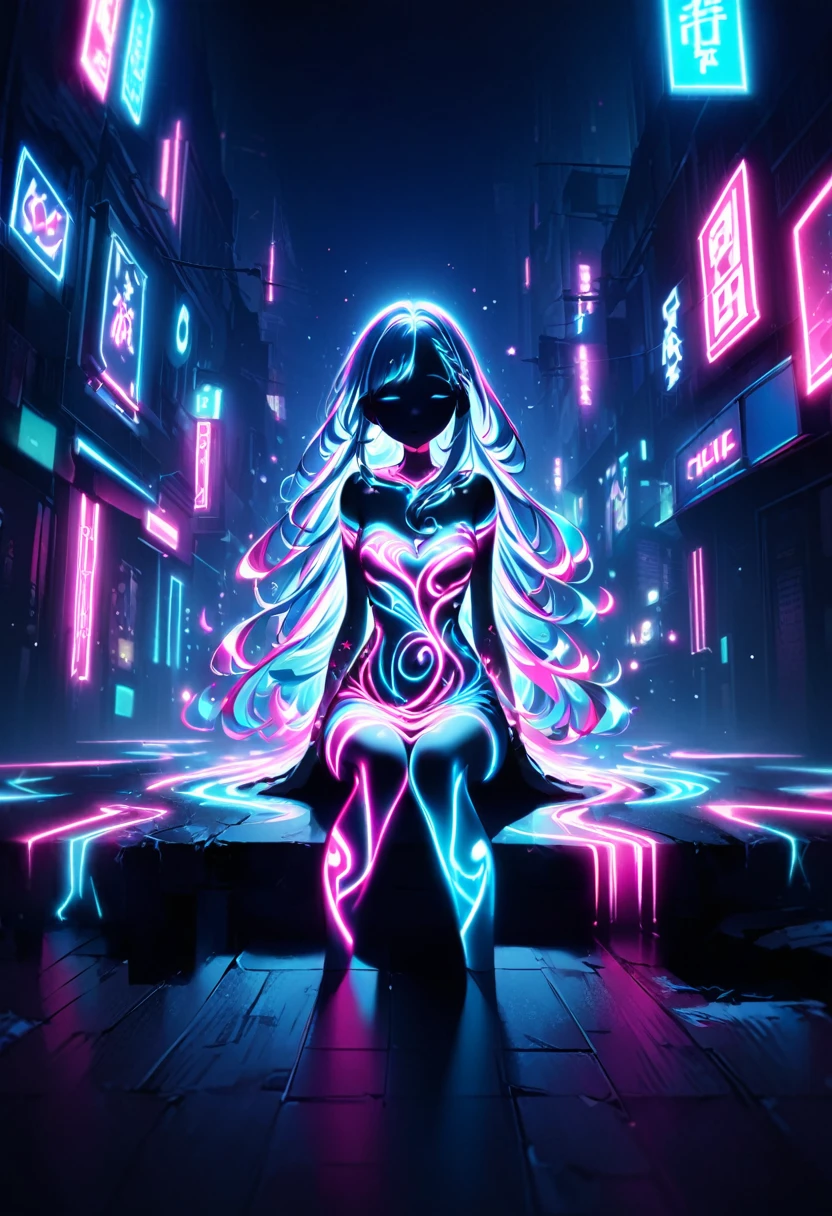 Anime Screenshots、 Artistic anime illustration of a woman adorned with glowing neon magical tattoos covering her entire body and face。 The tattoos on his arms and legs are a mix of pink, blue and white runes.、It emits a neon light。 She has long, flowing hair.、 She is wearing a white off-the-shoulder dress with a tummy tuck、 This scene has a dreamy soft focus effect.、 It emphasizes the dreamy glow of the tattoo.、Back of hand、sit