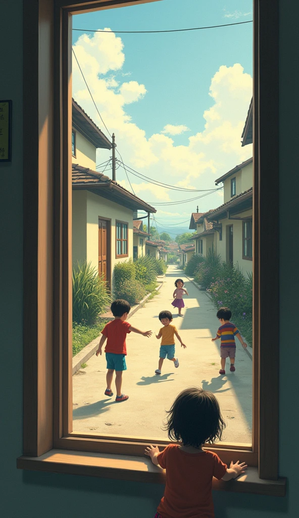 From a room window you could see 4 children playing in the street in the distance..  