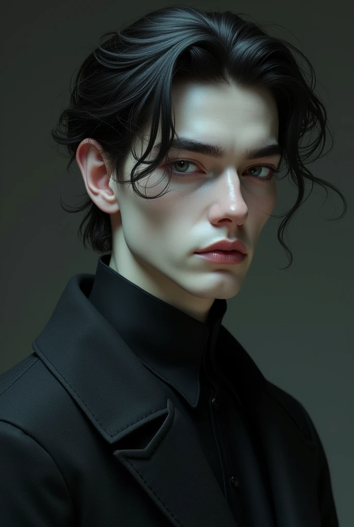 Create a young man with pale skin. He has slightly messy and dark hair.. His eyes are grey and he has broad shoulders.. His facial features are elongated and angular with pronounced cheekbones and a marked jaw..