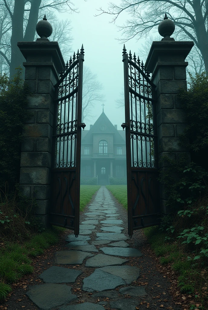 create an image of a wide open gate to a haunted mansion