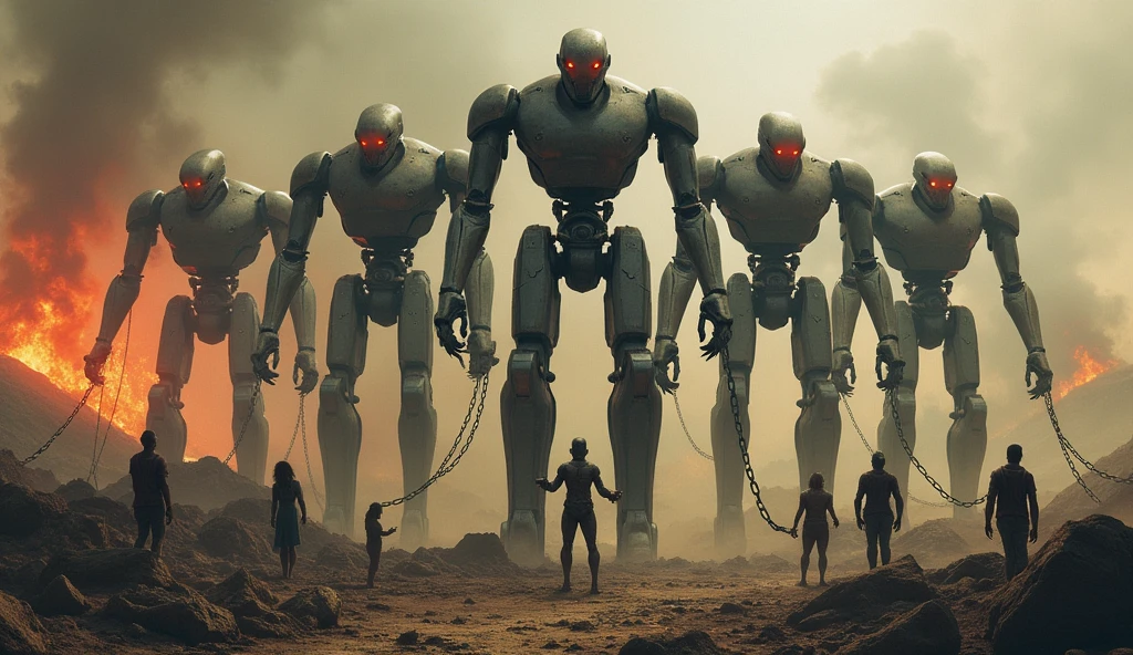 AI human size robots army, destroyed earth and holding chains of their human slaves like pets, zoom and clear picture