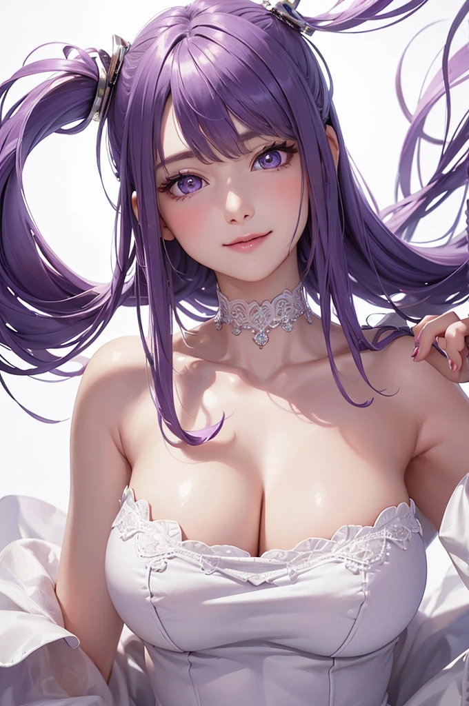 Best Quality,High resolution,8k,(plain white background, no patterns, no textures, just a plain white background:1.3),Masterpiece:1.2),beautiful girl,Big Breasts,(Shiny purple hair:1.3),bob cut,Beautiful purple eyes,Gentle look,A refreshing look,smile,Oversized shirt,Best quality,Best Quality,Aesthetic and aesthetic:1.2,Best details((Super detailed))(High-definition CG illustrations),Slender body,smile,blush,cute,Scrounge,Looking up,Being spoiled,super model, wariza, sit