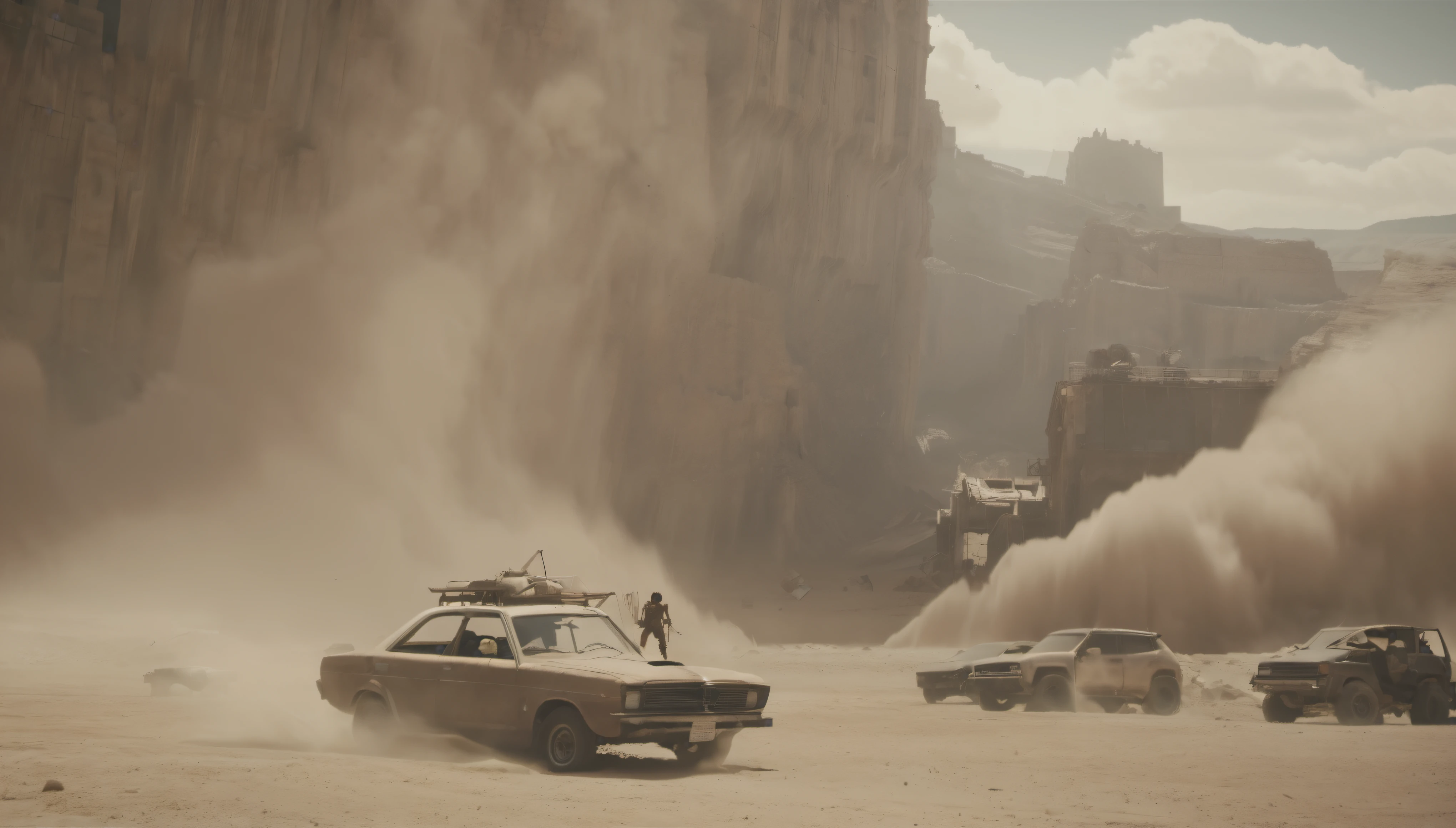 Breathtaking graphics from the Attack on Titan universe, filming epic races in the distance in small cars from Mad Max against the backdrop of wasteland and canyons near industrial plants , breathtaking scenery, and impressive lighting effects, that create impressive visual experiences, cars eat very far. (rock collapse above cars), in Kamnepa, high cliff is collapsing, huge dust storm 