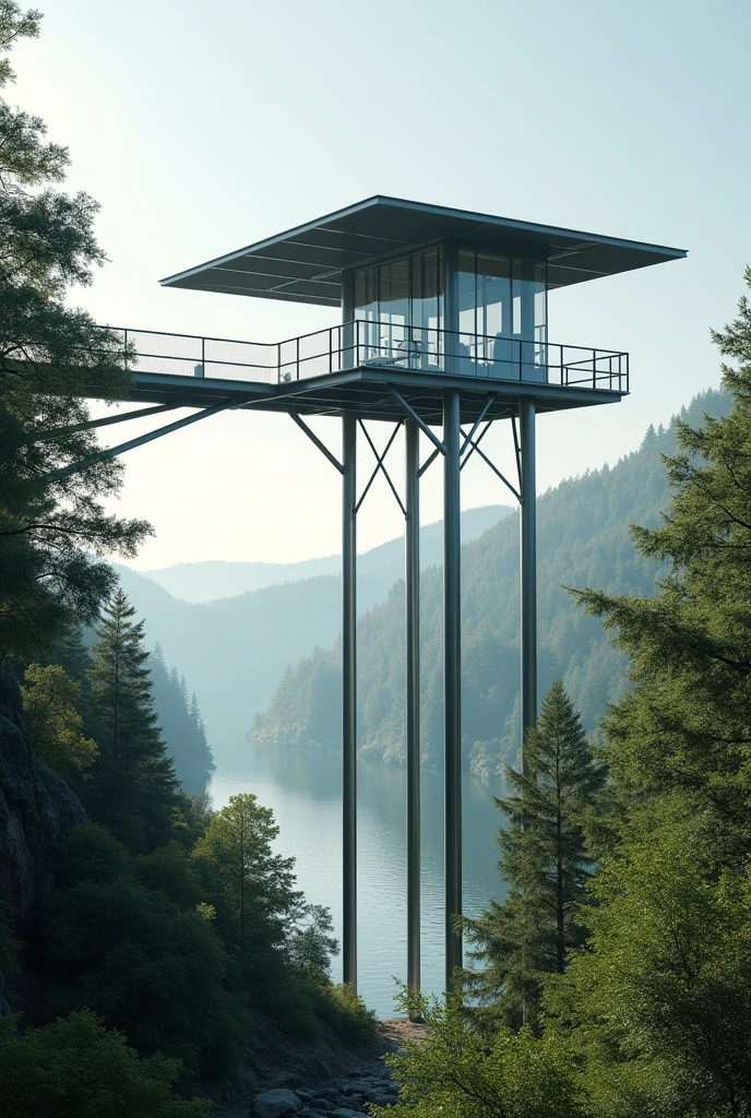 High Pavilion, lost among the trees, built in steel, in front of a lake, out of the water, supported by four tubular columns.