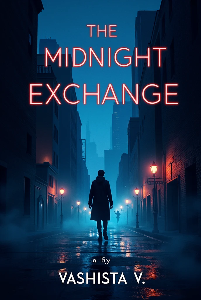 need a cover page of my novel called the midnight exchange written by Vashista V make the background interesting