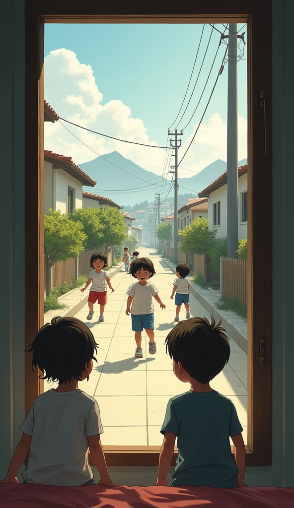 From a room window you could see 4 children playing in the street in the distance..  