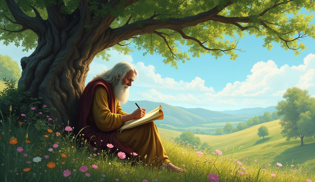 Enoch biblical prophet, sitting under a tree, writing on a parchment. The atmosphere is quiet, with flowers all around and a clear blue sky. The image conveys a sense of wisdom and reflection.