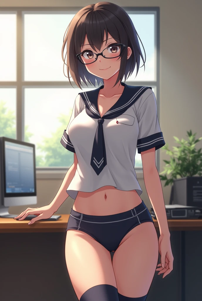 (((small medium breasts))), ((best quality)), ((masterpiece)), (detailed), (((perfect face))), (((slender  girl bending over towards viewer))), (((topless))), (((dark blue pleated skirt))), ((brunette, dark brown hair)), ((short ponytail)), (((blue eyes))), ((shy:1.3)), ((blushing:1.5)), ((skinny hips)), (((bare arms))), (((bare shoulders))), (((bare stomach))), (((office, window)))