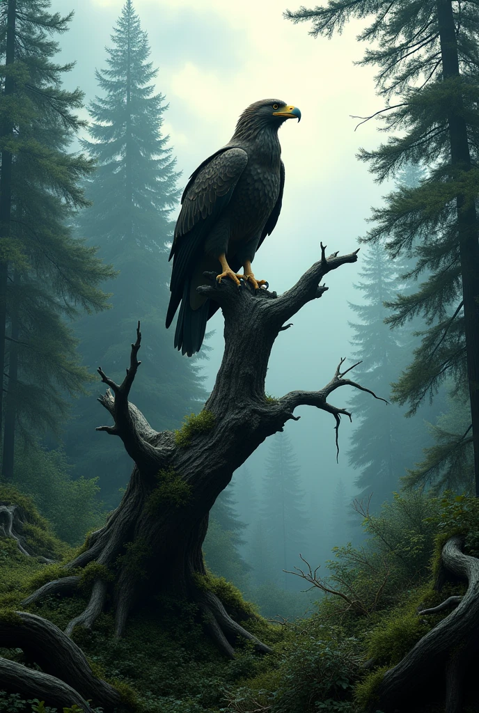 Eagle on dead tree in forest 