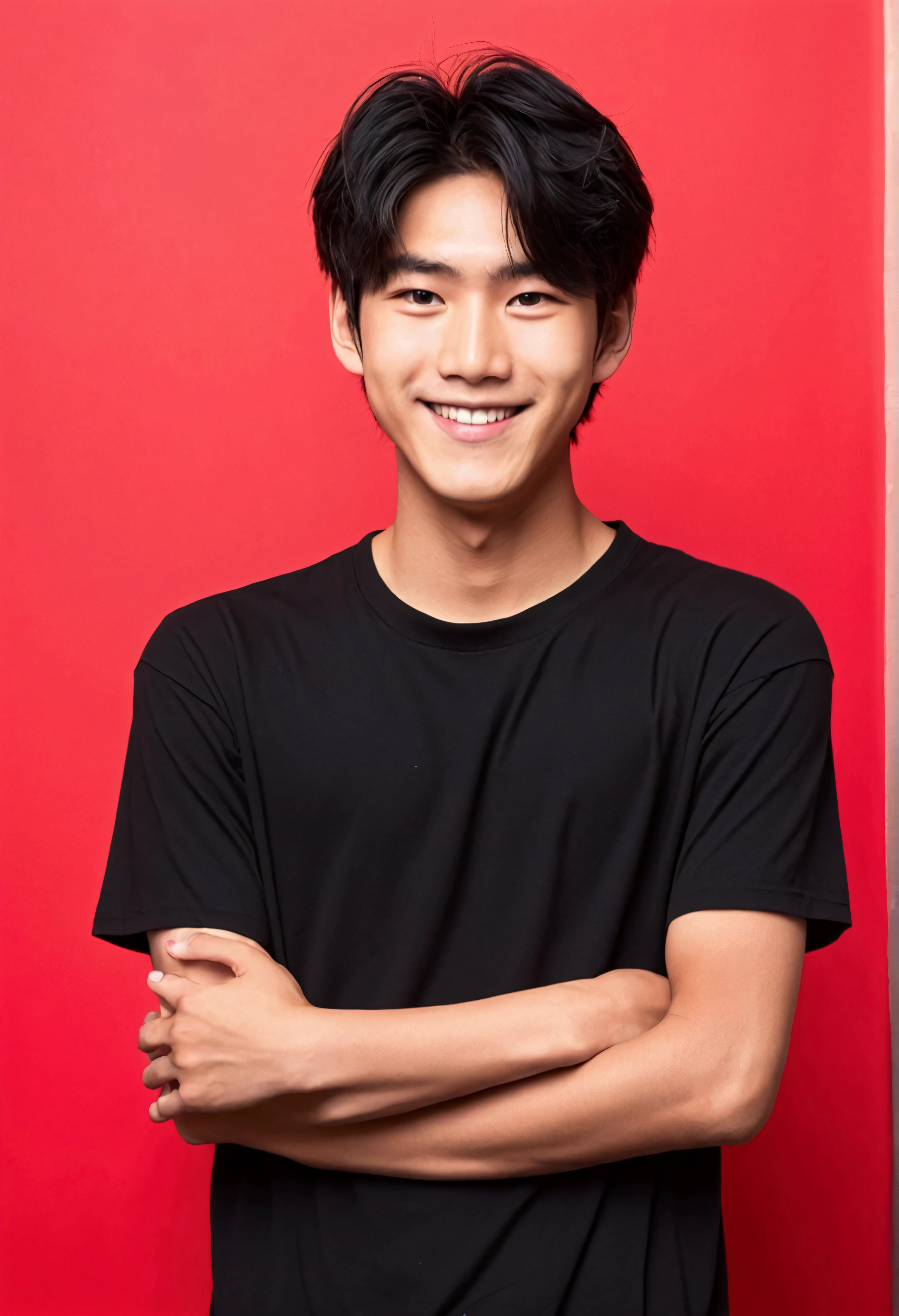 1 Japanese male teenager wearing black shirt smiling broadly facing camera with straight body pose and red background