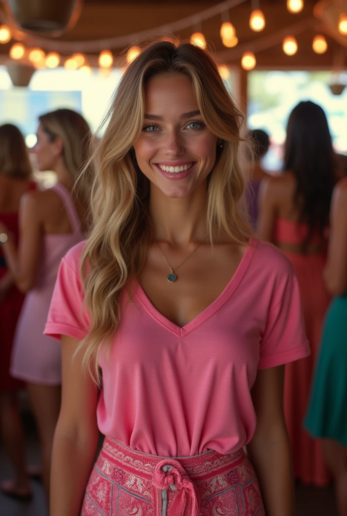 Western dress with pink t shirt, pink lipstick and age 20. coffee bar with party.Real women. Different type of dresses 