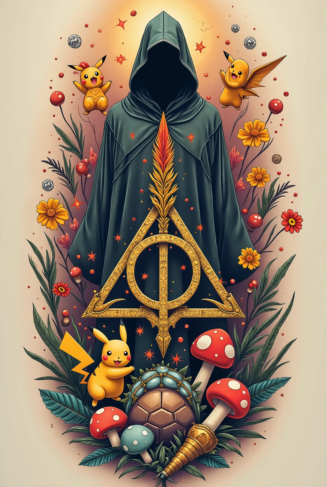 Create a tattoo with the symbols of the Deathly Hallows, Pokemon und Super Mario. Every symbol should be visible and clearly recognizable, but should be connected