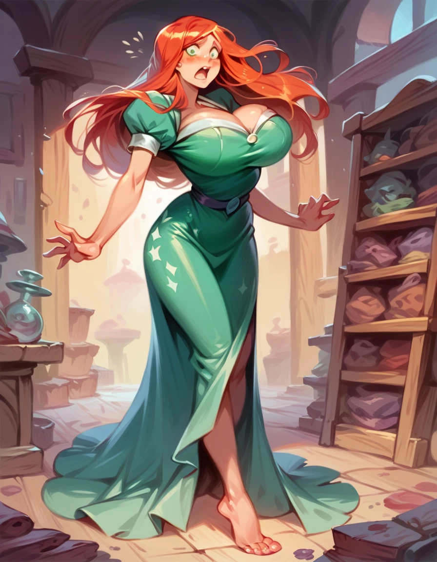 A ((human woman sorceress )) (shocked emotions:1.1) tavern background, ((immobile)) ,realistic anime style, breast inflation , tight dress, bare feet, off balance 