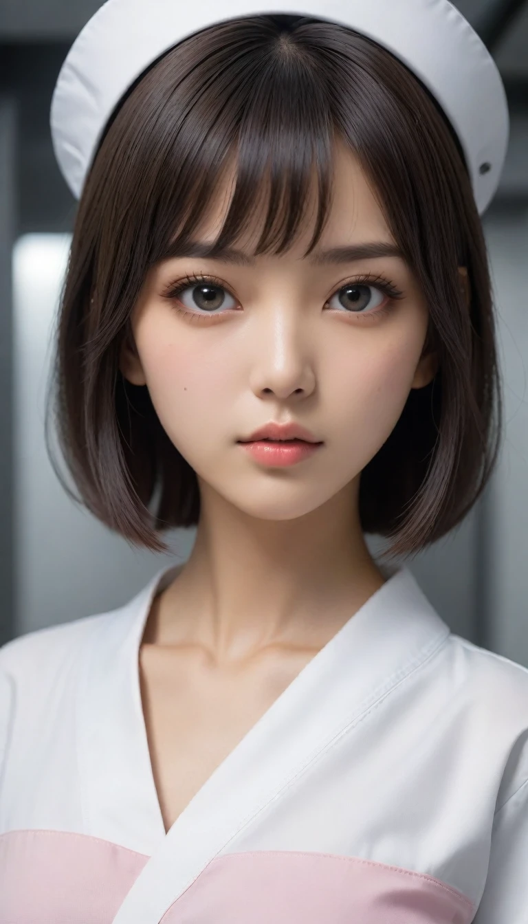8k, Ultra-high resolution, Highest quality, masterpiece, 三分割法によるphotograph,Surreal, photograph, 1 , (:1.3), cute, cute顔, 細部までBeautiful Eyes, 細かくdetailedに,masterpiece,One Girl:1.2,Japanese women,nurse,upper body,glaring,Black short hair,Bowl cut,ID photo,((Fusion of humans and androids)),(Nurse uniform of the future:1.3),cyber punk,Eccentric,Medical Treatment Room,white collar,(Beautiful attention to detail),Subtle details, detailedな顔,anger,Attractive eyes,(ポートレートphotograph:1.4),(Photorealistic images:1.4),Fantasy art,(Beautiful Face:1.4),美しくAttractive eyes、Beautiful Eyes,Silver residue,(Tight waist:1.4)、(Beautiful with perfect body proportions:1.4),Pink Lips,profile,(((Ideal body type))),A-cup small breasts :2,、Portraiture:2、Perfect Anatomy、鮮明なdetailed、detailed,Fashion magazine cover,Thin lips,完璧でBeautiful Face ,完璧でcute顔, Skin with attention to detail, Perfect limbs、Narrow waist,Surreal,Light and shadow,spotlight