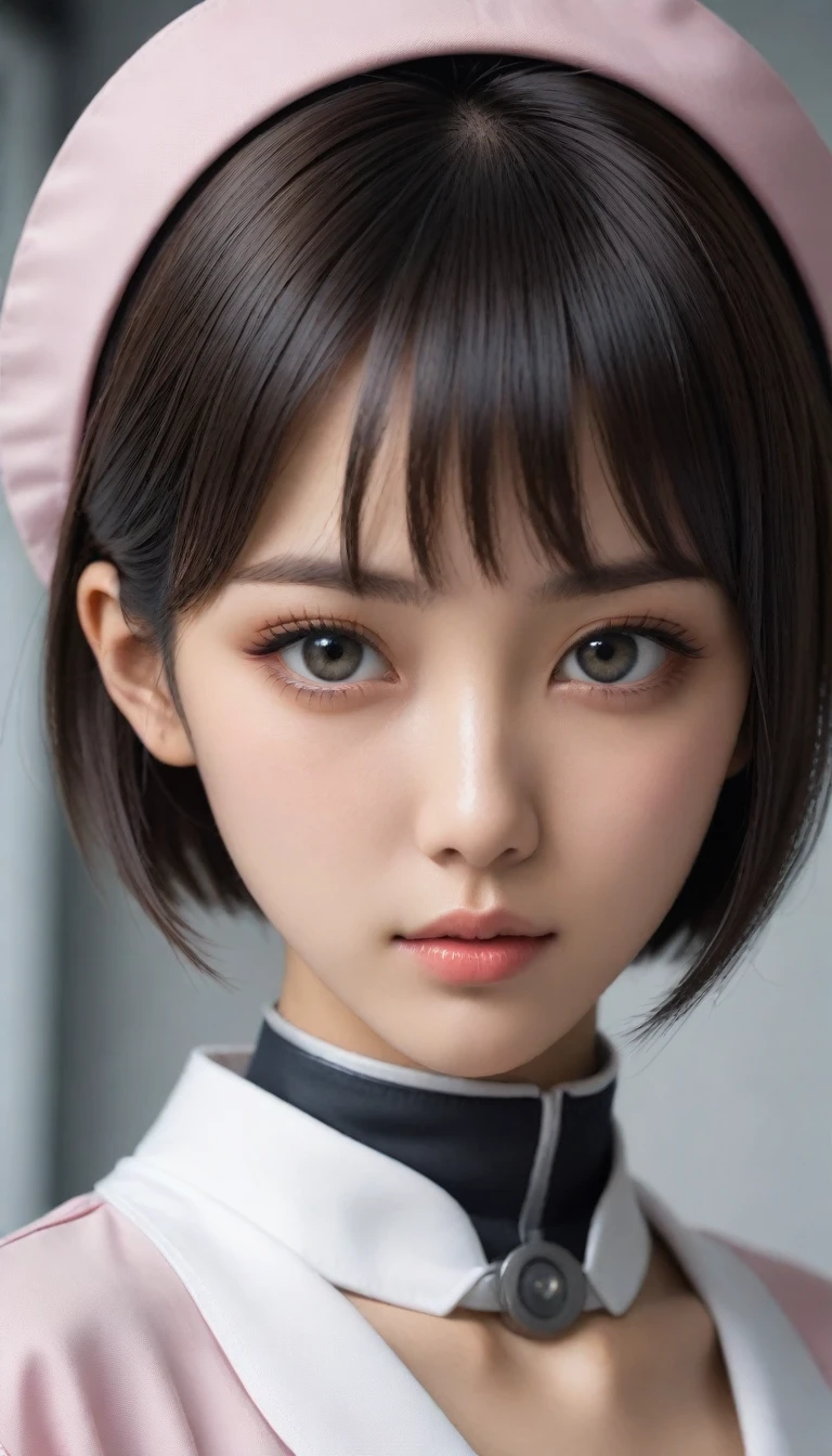 8k, Ultra-high resolution, Highest quality, masterpiece, 三分割法によるphotograph,Surreal, photograph, 1 , (:1.3), cute, cute顔, 細部までBeautiful Eyes, 細かくdetailedに,masterpiece,One Girl:1.2,Japanese women,nurse,upper body,glaring,Black short hair,Bowl cut,ID photo,((Fusion of humans and androids)),(Nurse uniform of the future:1.3),cyber punk,Eccentric,Medical Treatment Room,white collar,(Beautiful attention to detail),Subtle details, detailedな顔,anger,Attractive eyes,(ポートレートphotograph:1.4),(Photorealistic images:1.4),Fantasy art,(Beautiful Face:1.4),美しくAttractive eyes、Beautiful Eyes,Silver residue,(Tight waist:1.4)、(Beautiful with perfect body proportions:1.4),Pink Lips,profile,(((Ideal body type))),A-cup small breasts :2,、Portraiture:2、Perfect Anatomy、鮮明なdetailed、detailed,Fashion magazine cover,Thin lips,完璧でBeautiful Face ,完璧でcute顔, Skin with attention to detail, Perfect limbs、Narrow waist,Surreal,Light and shadow,spotlight