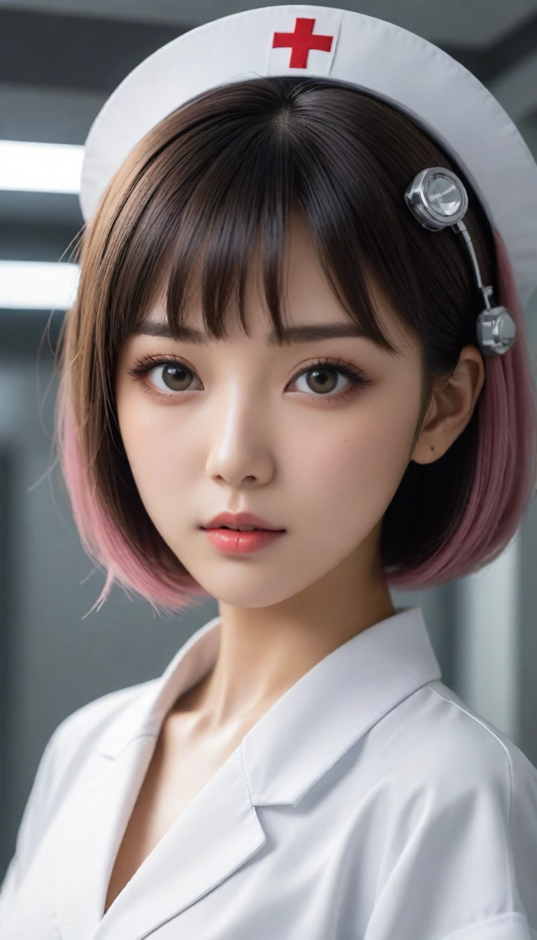 8k, Ultra-high resolution, Highest quality, masterpiece, 三分割法によるphotograph,Surreal, photograph, 1 , (:1.3), cute, cute顔, 細部までBeautiful Eyes, 細かくdetailedに,masterpiece,One Girl:1.2,Japanese women,nurse,upper body,glaring,Black short hair,Bowl cut,ID photo,((Fusion of humans and androids)),(Nurse uniform of the future:1.3),cyber punk,Eccentric,Medical Treatment Room,white collar,(Beautiful attention to detail),Subtle details, detailedな顔,anger,Attractive eyes,(ポートレートphotograph:1.4),(Photorealistic images:1.4),Fantasy art,(Beautiful Face:1.4),美しくAttractive eyes、Beautiful Eyes,Silver residue,(Tight waist:1.4)、(Beautiful with perfect body proportions:1.4),Pink Lips,profile,(((Ideal body type))),A-cup small breasts :2,、Portraiture:2、Perfect Anatomy、鮮明なdetailed、detailed,Fashion magazine cover,Thin lips,完璧でBeautiful Face ,完璧でcute顔, Skin with attention to detail, Perfect limbs、Narrow waist,Surreal,Light and shadow,spotlight