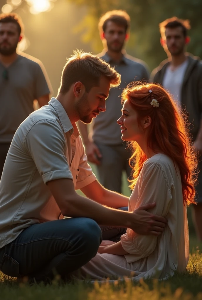 A pretty redhead woman crying on her knees to her handsome blond husband. In front of the handsome blond man another attractive brown-haired man holding his beautiful blond wife. Around watching them 3 ordinary men