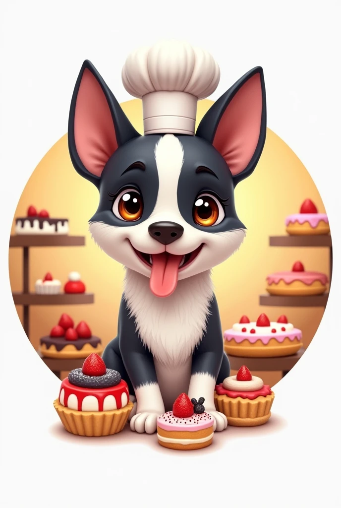 create a circular animated instagram logo of a  fox terrier dog with ALL black head and white body, that he is a pastry chef, that has a chef&#39;s hat, eating cakes or cooking. That he is surrounded by cakes with his tongue out and looking straight ahead
