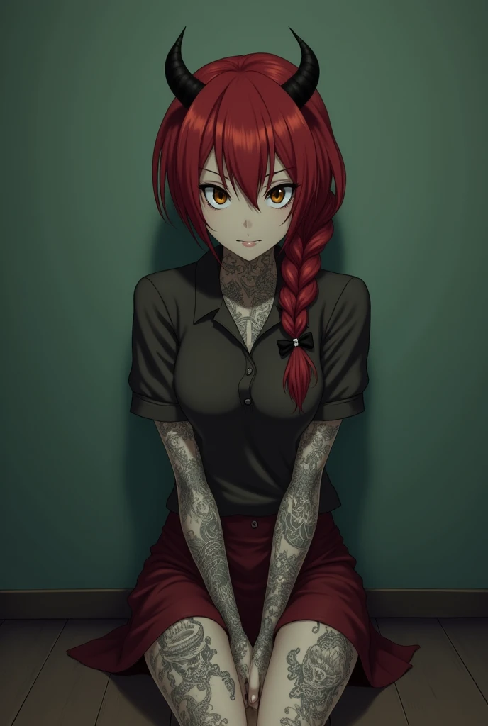 The image is anime style with shadows and dim lights, anime style although somewhat adult and dark, It shows a young woman who is apparently 20 years old., redhead who has her hair in a single large braid, It has only a single small black horn on the right side of its forehead., He has black eye sclera and yellow pupils.. His entire body is tattooed with strange symbols.. She is wearing nothing but a small dark red skirt and a small worn dark red polo shirt.. The background of the image is a green wall. His feet are bare. He looks psychopathic. he would be. evil. you can see his feet.
