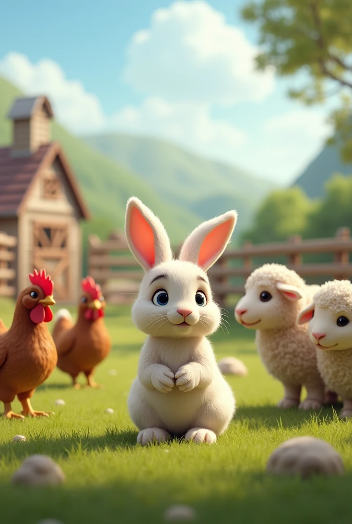 A rabbit respecting the farm animals