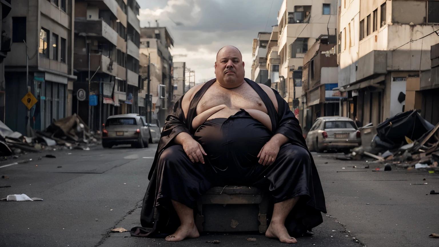 a huge bald fat old man, dressed in a silk robe off one shoulder, sitting on an old chair in the street, apocalypse, rubble, smoke, dark skies, obese, scary, very ugly, grotesque