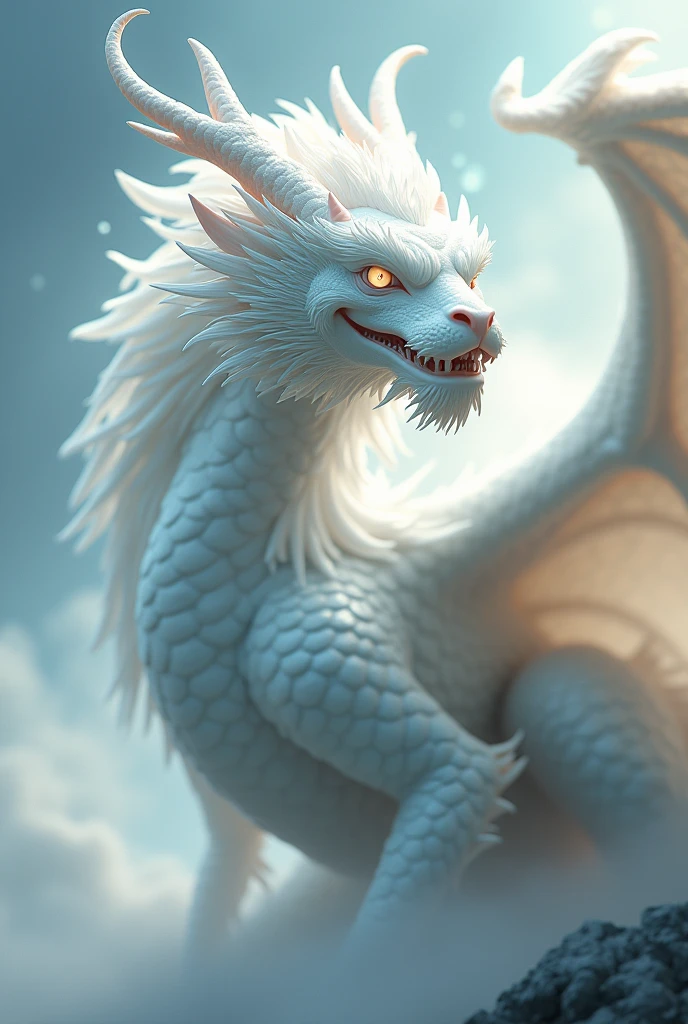 Heavenly-looking white eastern dragon, It has no wings, His look is aggressive, His eyes are white and bright, Digital illustration of video game characters