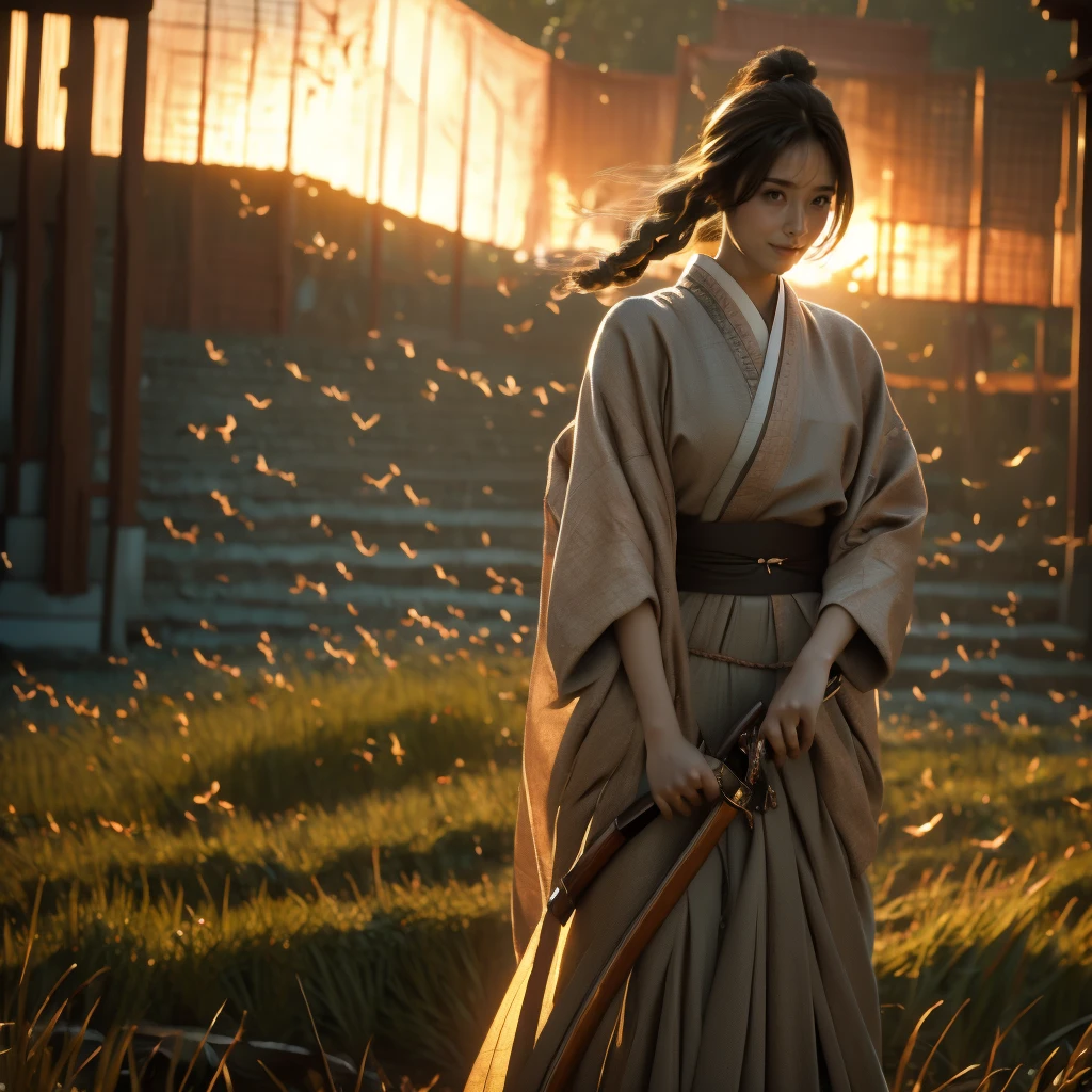 A lone samurai woman standing in a peaceful field at dusk, ready to draw her katana. She is wearing traditional samurai attire from the Sengoku period of Japan, consisting of a black and dark brown kimono-style robe with wide sleeves, tied with a dark obi around her waist. Her right hand is gripping the hilt of her katana, positioned near her waist as she prepares to draw it, while her left hand is steadying the sheath. Her posture is tense but focused, capturing the precise moment before action. Her hair is tied up in a traditional warrior style, and her face shows calm determination. The scene is set in a quiet field with tall grasses swaying gently in the wind, under the fading light of dusk. The color palette is soft and muted, with earthy tones for both the environment and her attire, and the background is simple, with birds flying in the distance."Additional Parameters:Style: Realistic, with a focus on action and tension in the poseLighting: Soft dusk lighting with warm, fading sunlight casting long shadowsColors: Dark black and brown tones for the attire, earthy and muted tones for the grass and skyComposition: The samurai woman centered, in a poised stance, with her katana halfway drawn, the quiet field around her creating a sense of serenity and focusEnvironment: Quiet field at dusk, soft wind moving the tall grass, birds flying in the distance