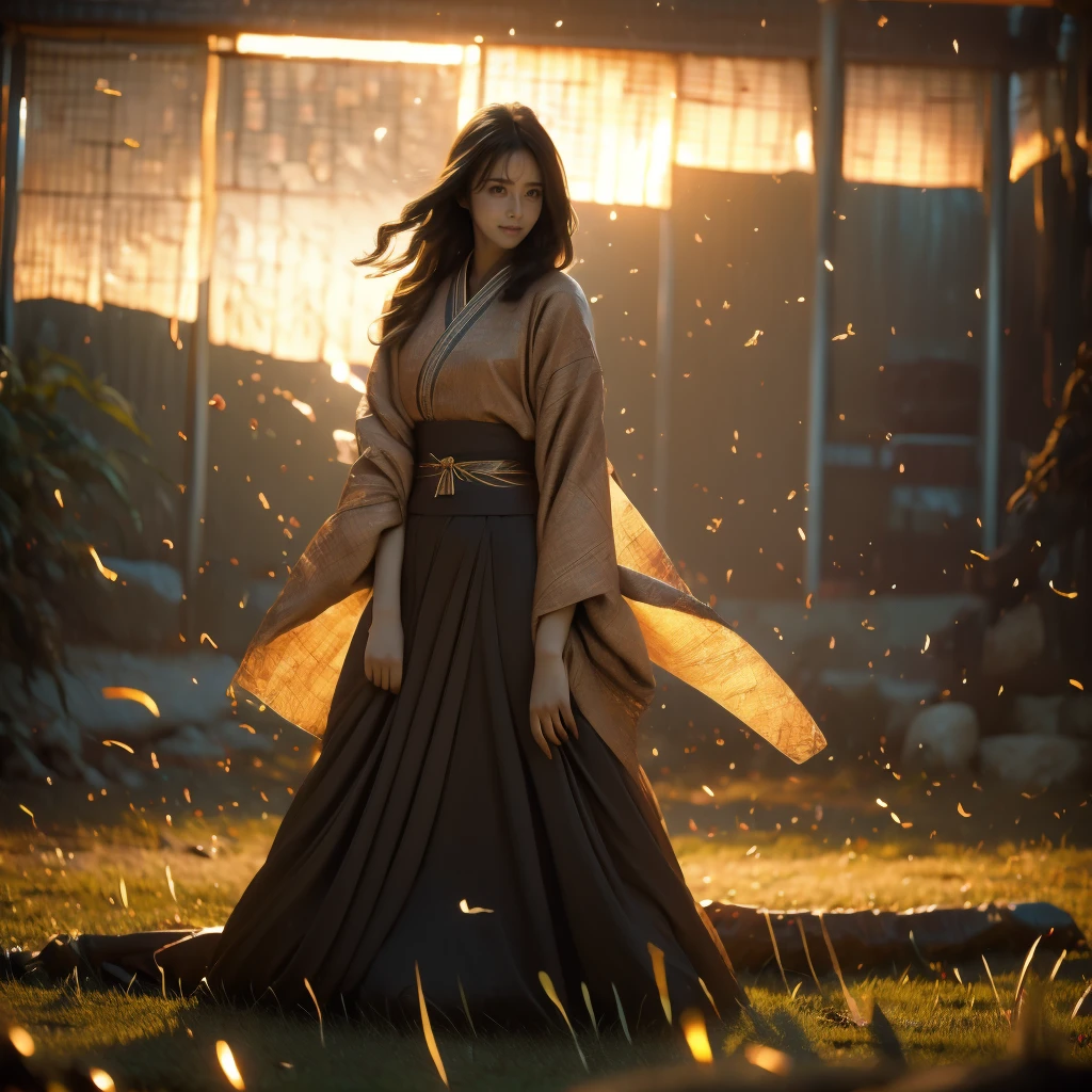 A lone samurai woman standing in a peaceful field at dusk, ready to draw her katana. She is wearing traditional samurai attire from the Sengoku period of Japan, consisting of a black and dark brown kimono-style robe with wide sleeves, tied with a dark obi around her waist. Her right hand is gripping the hilt of her katana, positioned near her waist as she prepares to draw it, while her left hand is steadying the sheath. Her posture is tense but focused, capturing the precise moment before action. Her hair is tied up in a traditional warrior style, and her face shows calm determination. The scene is set in a quiet field with tall grasses swaying gently in the wind, under the fading light of dusk. The color palette is soft and muted, with earthy tones for both the environment and her attire, and the background is simple, with birds flying in the distance."Additional Parameters:Style: Realistic, with a focus on action and tension in the poseLighting: Soft dusk lighting with warm, fading sunlight casting long shadowsColors: Dark black and brown tones for the attire, earthy and muted tones for the grass and skyComposition: The samurai woman centered, in a poised stance, with her katana halfway drawn, the quiet field around her creating a sense of serenity and focusEnvironment: Quiet field at dusk, soft wind moving the tall grass, birds flying in the distance