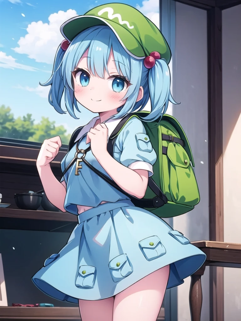 1girl, masterpiece, best quality, perfect hands, smile, blush, closed mouth, blue eyes, kawashiro nitori, short twintails, hat, green hat, hair bobbles, backpack, key, cowboy shot, bare legs, puffy short sleeves, collared shirt, blue skirt, blue shirt, key