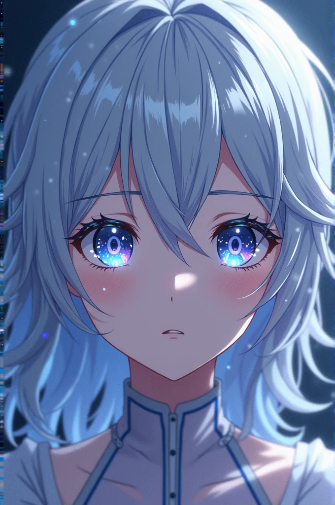 Screenshot from My Hero Academia, of a girl with silver hair with sparkles like stars, her eyes look like they have the night sky, white skin