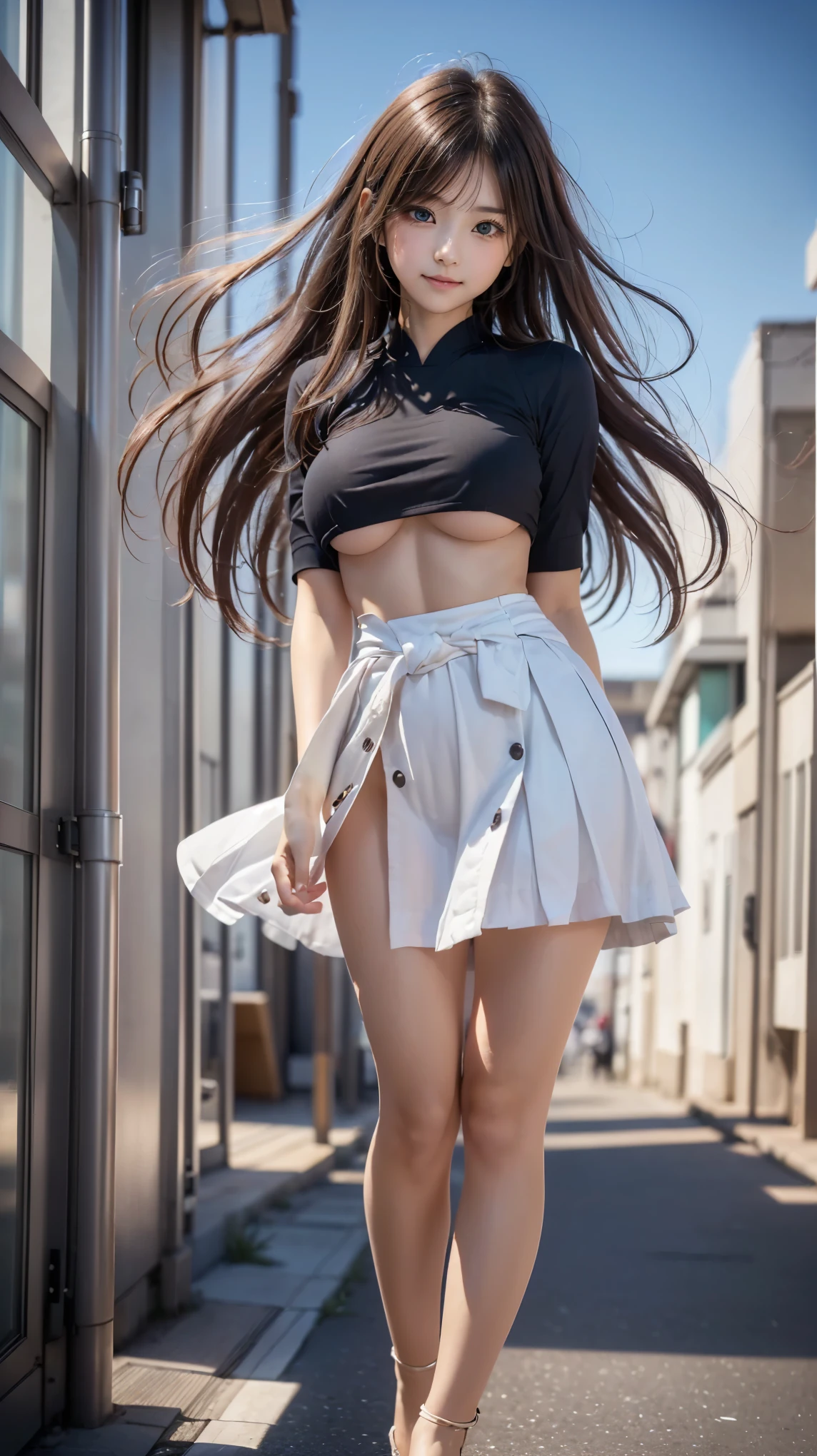 (((A pure and cute beautiful girl stands in a futuristic city:1.2))), (((Upper body portrait))), Beautiful straight hair, Short brown hair, Immersion, (Beautiful symmetrical eyes), (Thin thighs:1.2, Beautiful feet:1.2), Slender body line, ((Tight waist:1.2)), (Japanese Idols, Baby Face, high school girl, age), (Perfect Anatomy:1.3), Moisturizing lips, (Beautiful breasts, Beautiful underboobs), (Highest quality、Highest quality、Masterpiece、Ultra high definition、Reality:1.37), (Detailed eyes and face:1.3、Professional photography techniques)、((Hair blowing in the wind:1.3)), (((Cute tops, Sexy skirt, Futuristic fashion)))、(The right move:1.3)