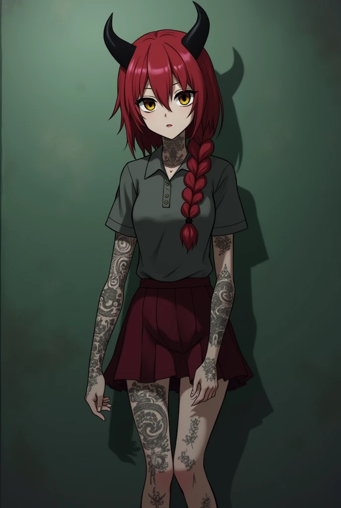 The image is anime style with shadows and dim lights, anime style although somewhat adult and dark, It shows a young woman who is apparently 20 years old., redhead who has her hair in a single large braid, It has only a single small black horn on the right side of its forehead., He has black eye sclera and yellow pupils.. His entire body is tattooed with strange symbols.. She is wearing nothing but a small dark red skirt and a small worn dark red polo shirt.. The background of the image is a green wall. His feet are bare. He looks psychopathic. he would be. evil. you can see his feet.