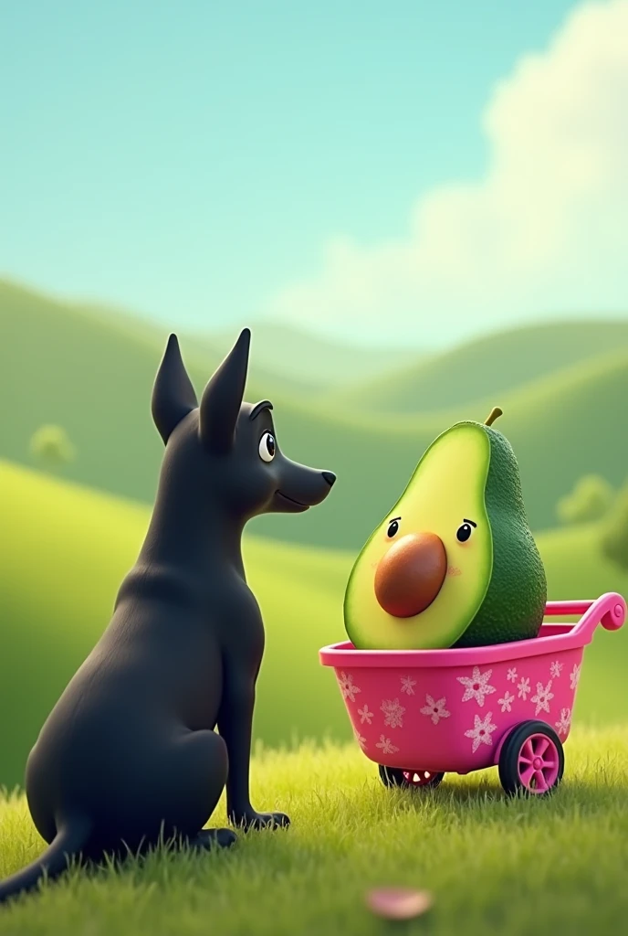 Draw a black dog looking from far away at the happy avocado in the pink cart