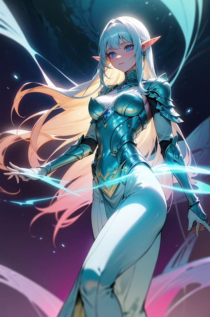 Create an image of a captivating and mystical elven warrior with glowing, ethereal blue eyes that radiate light. She has long, flowing white hair that shimmers with hints of blue and pink under the soft glow of magical energy. Her pointed ears are adorned with delicate silver jewelry, adding to her otherworldly beauty. She wears intricately crafted silver armor that is embellished with glowing, iridescent patterns in shades of blue and purple, resembling the scales of a mythical creature. The armor is both protective and elegant, reflecting light in mesmerizing patterns. The background is a dense, enchanted forest with deep greens and soft, glowing orbs of light floating around, creating a contrast with the vibrant colors of her appearance. The overall scene is vibrant, magical, and filled with a sense of otherworldly power and grace.