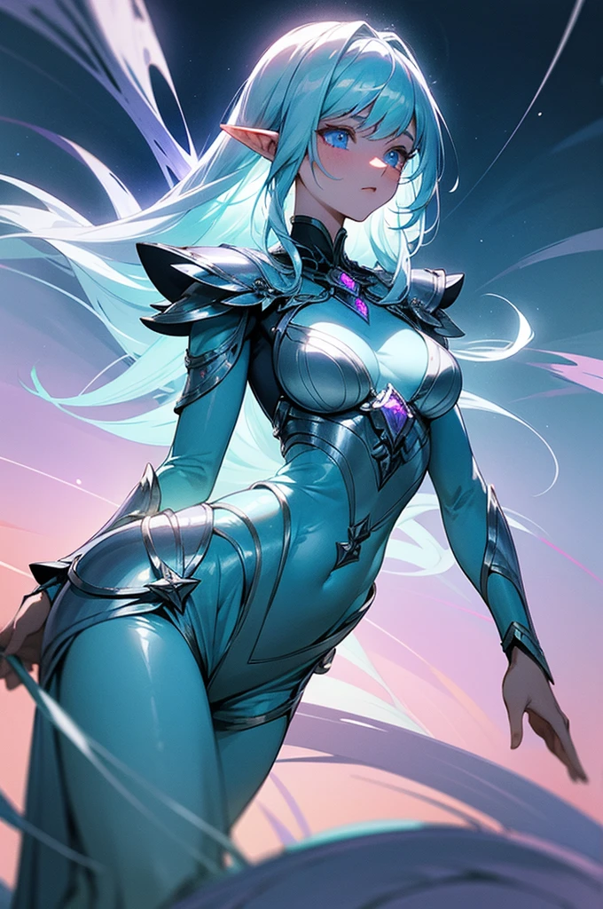Create an image of a captivating and mystical elven warrior with glowing, ethereal blue eyes that radiate light. She has long, flowing white hair that shimmers with hints of blue and pink under the soft glow of magical energy. Her pointed ears are adorned with delicate silver jewelry, adding to her otherworldly beauty. She wears intricately crafted silver armor that is embellished with glowing, iridescent patterns in shades of blue and purple, resembling the scales of a mythical creature. The armor is both protective and elegant, reflecting light in mesmerizing patterns. The background is a dense, enchanted forest with deep greens and soft, glowing orbs of light floating around, creating a contrast with the vibrant colors of her appearance. The overall scene is vibrant, magical, and filled with a sense of otherworldly power and grace.